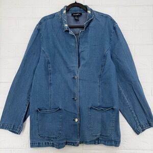 Denim & Co. Jean Jacket Womens 1X Daisy Floral Embroidered Blue Denim Chore Coat